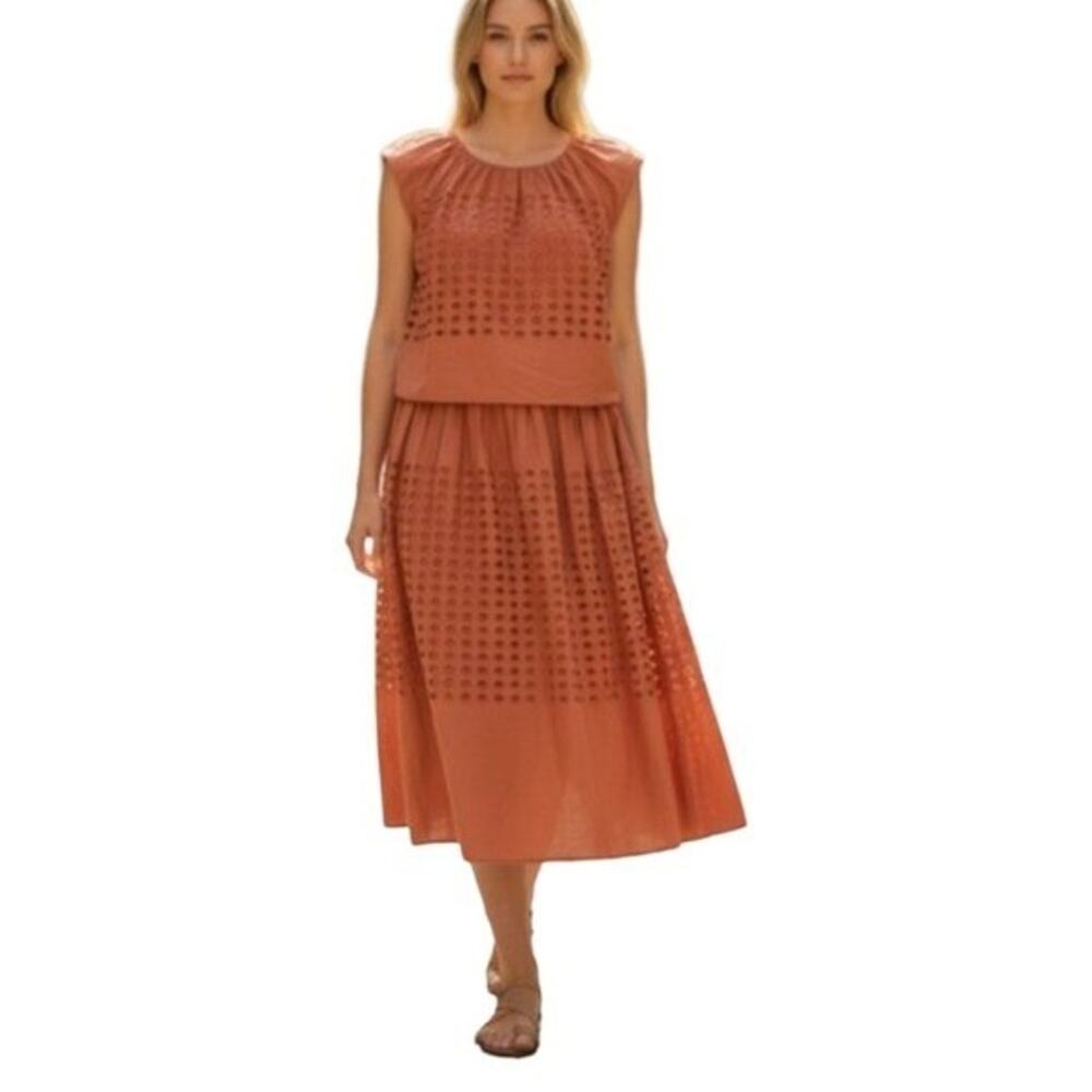 Jennifer & Grace Rust Eyelet Sleeveless Midi Dress Terracotta Cotton Blend NEW